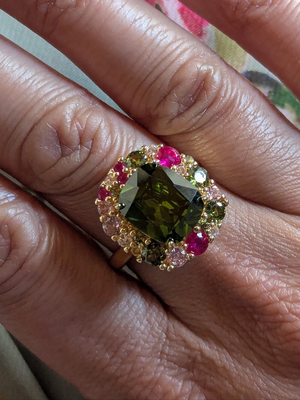 Vintage Style Gold-tone Ring with Green Center and Pink Accent Stones 1920s Sz 8 - Picture 3 of 12